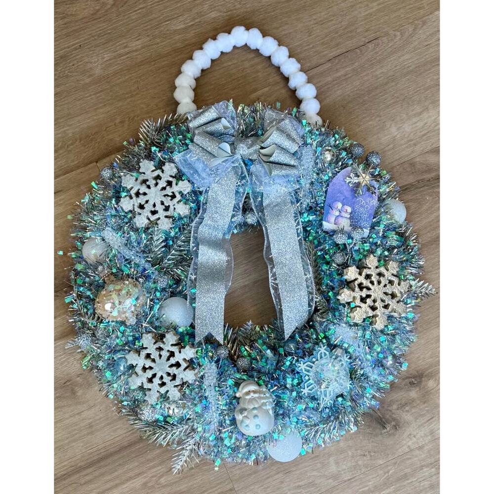 Homemade Vintage Snowflake Santa Blue Silver Tinsel Wreath 18”